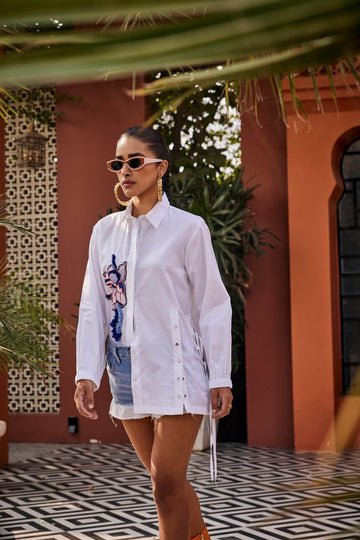 The Blossom Drape White Shirt - Puja Agarwal