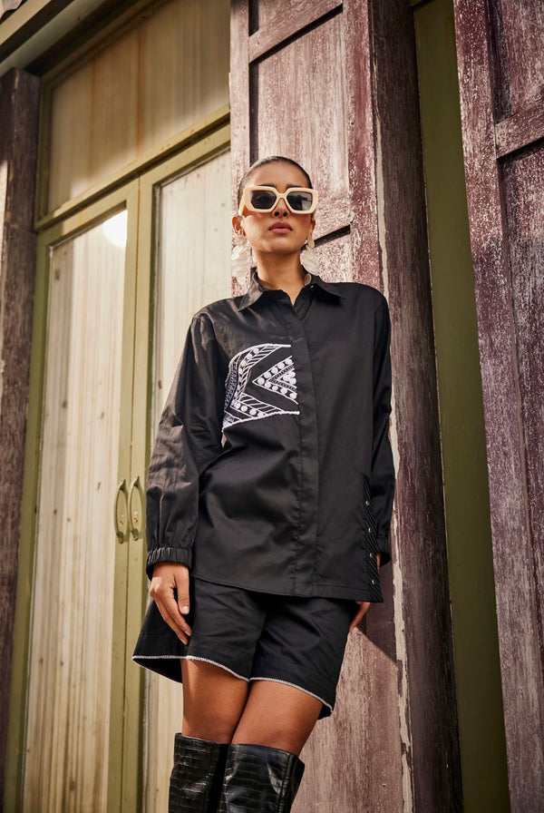 Black Triangle Geometric Embroidered Shirt / Co-ord Set