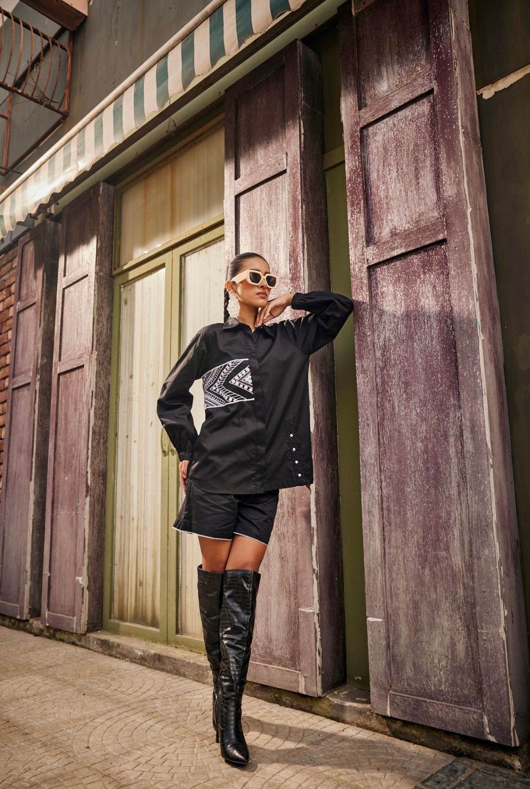 Black Triangle Geometric Embroidered Shirt / Co-ord Set - Puja Agarwal