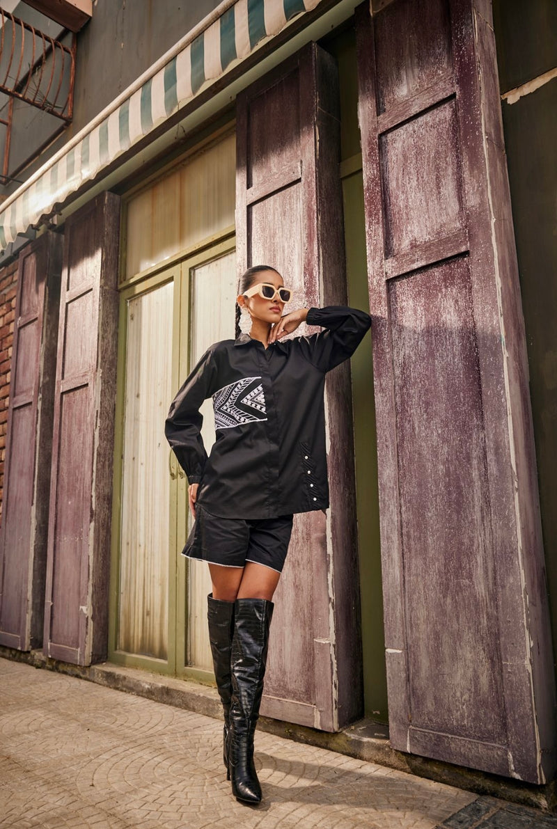 Black Triangle Geometric Embroidered Shirt / Co-ord Set