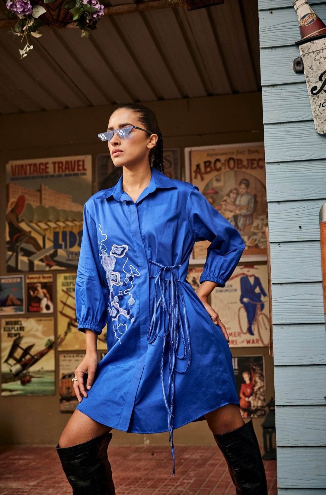 Blue Crossed Shirt Dress - Puja Agarwal