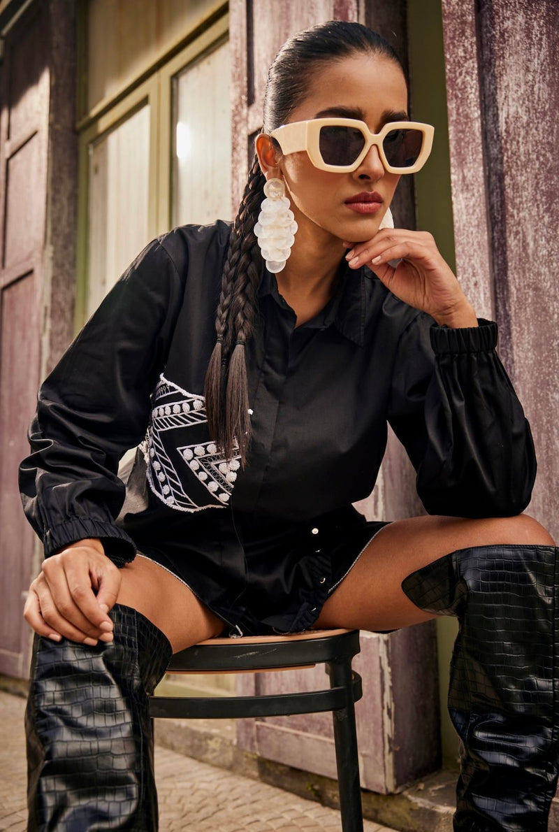 Black Triangle Geometric Embroidered Shirt / Co-ord Set