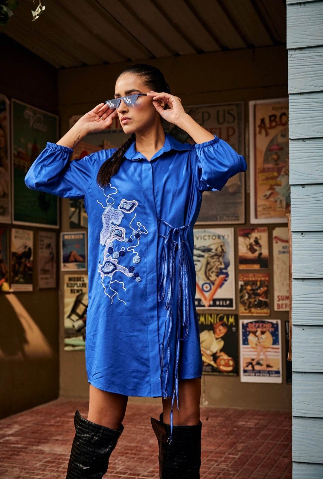 Blue Crossed Shirt Dress - Puja Agarwal