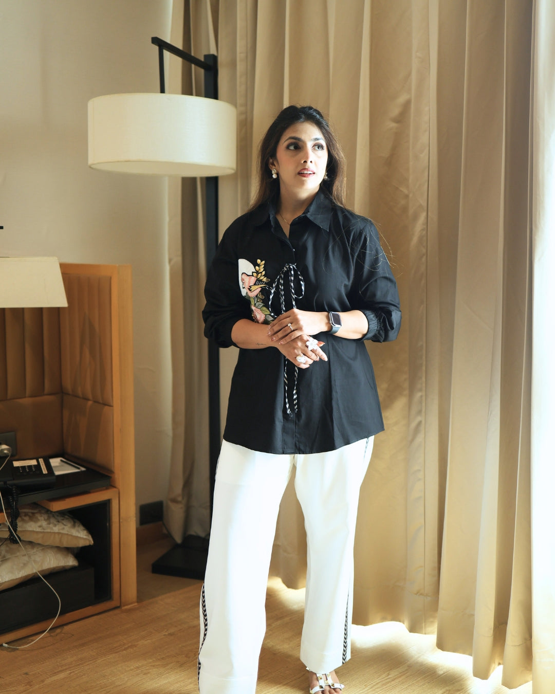 Noir Petal Black Shirt & Ivory White Pant Co-ord Set