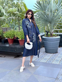 Midnight Geometry Embroidered Cotton Dress - Puja Agarwal