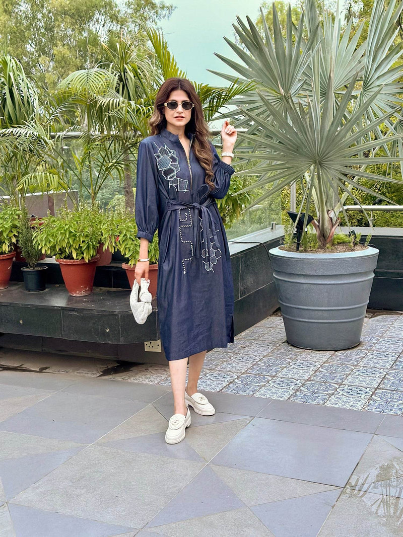 Midnight Geometry Embroidered Cotton Dress - Puja Agarwal