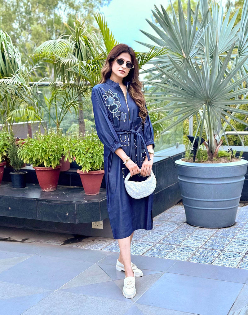 Midnight Geometry Embroidered Cotton Dress - Puja Agarwal