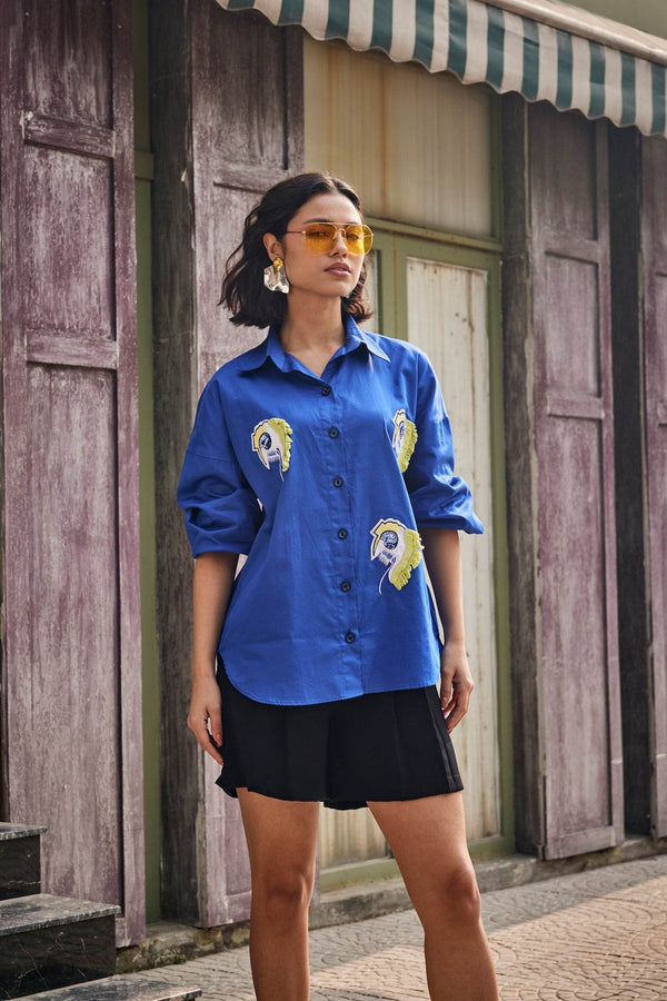 Tropical Eye Blue Embroidered Shirt - Puja Agarwal