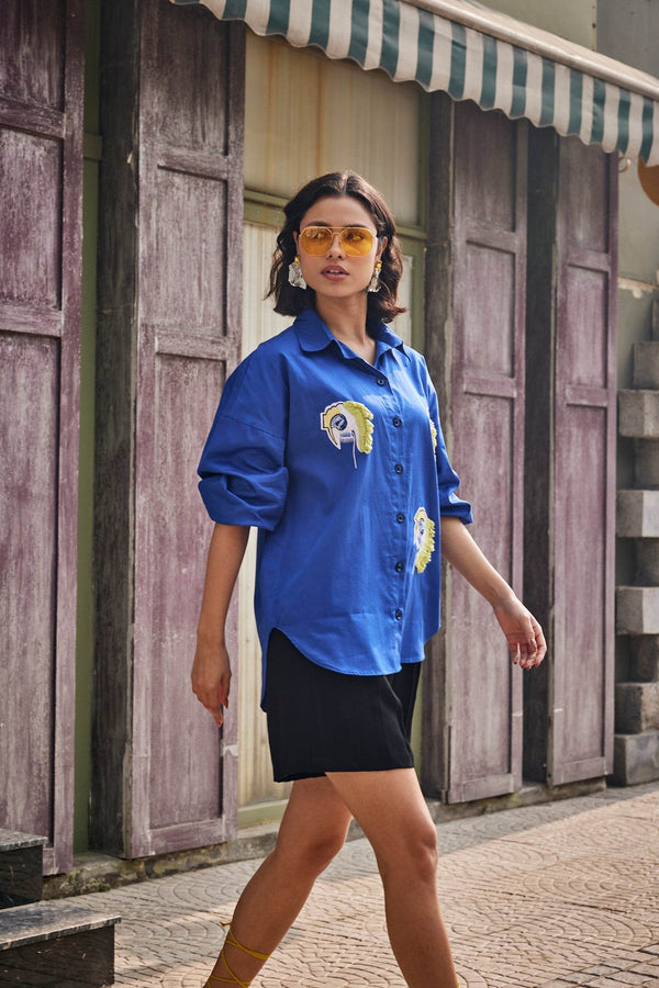 Tropical Eye Blue Embroidered Shirt - Puja Agarwal