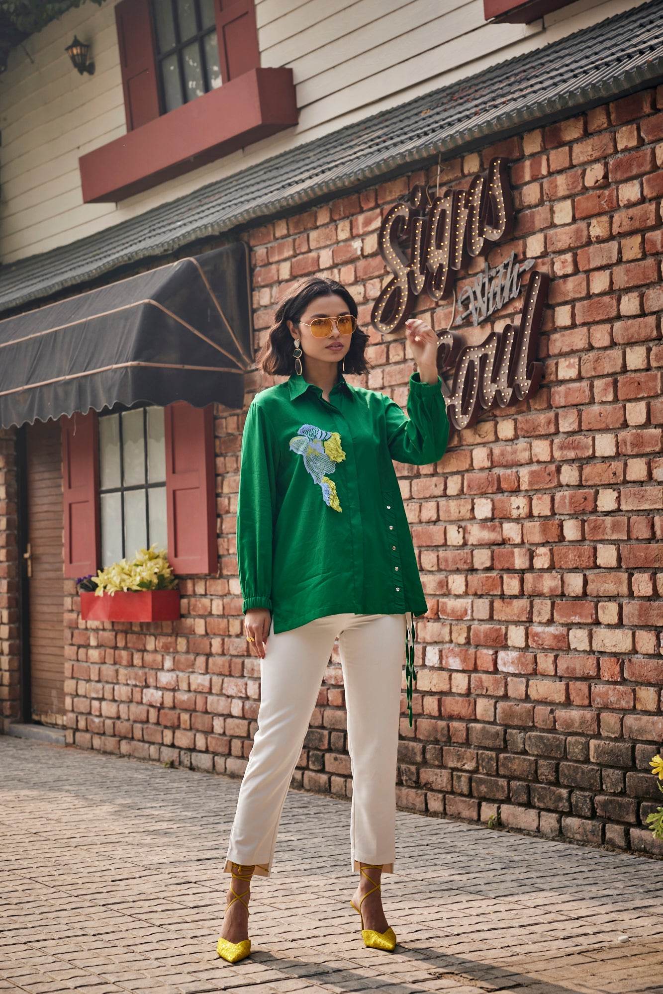 The Tropic Stitch Green Shirt / Co-ord Set - Puja Agarwal