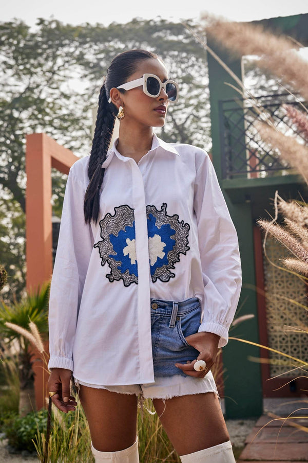The Azure Bloom Embroidered White Shirt - Puja Agarwal
