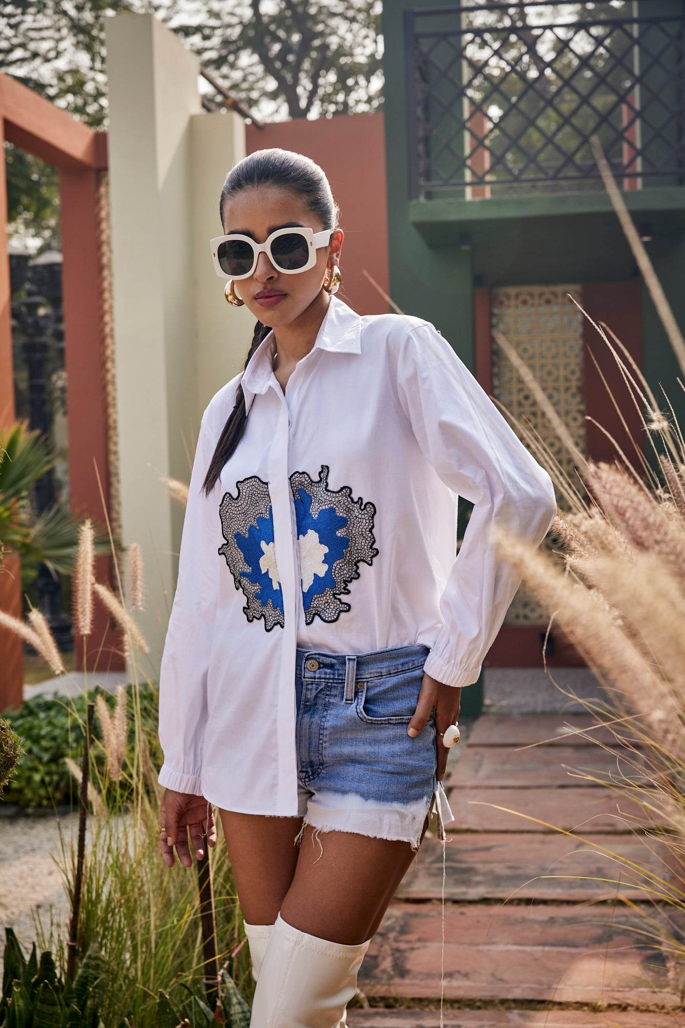 The Azure Bloom Embroidered White Shirt - Puja Agarwal