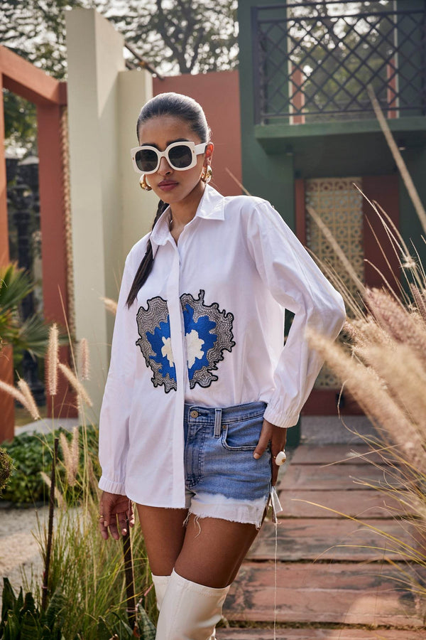 The Azure Bloom Embroidered White Shirt - Puja Agarwal