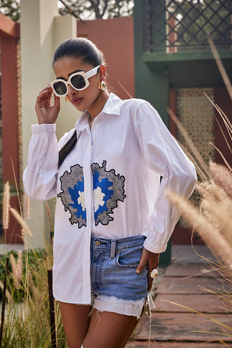 The Azure Bloom Embroidered White Shirt - Puja Agarwal