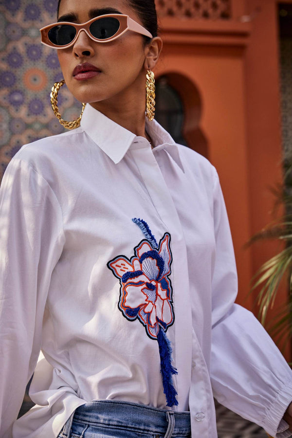 The Blossom Drape White Shirt - Puja Agarwal