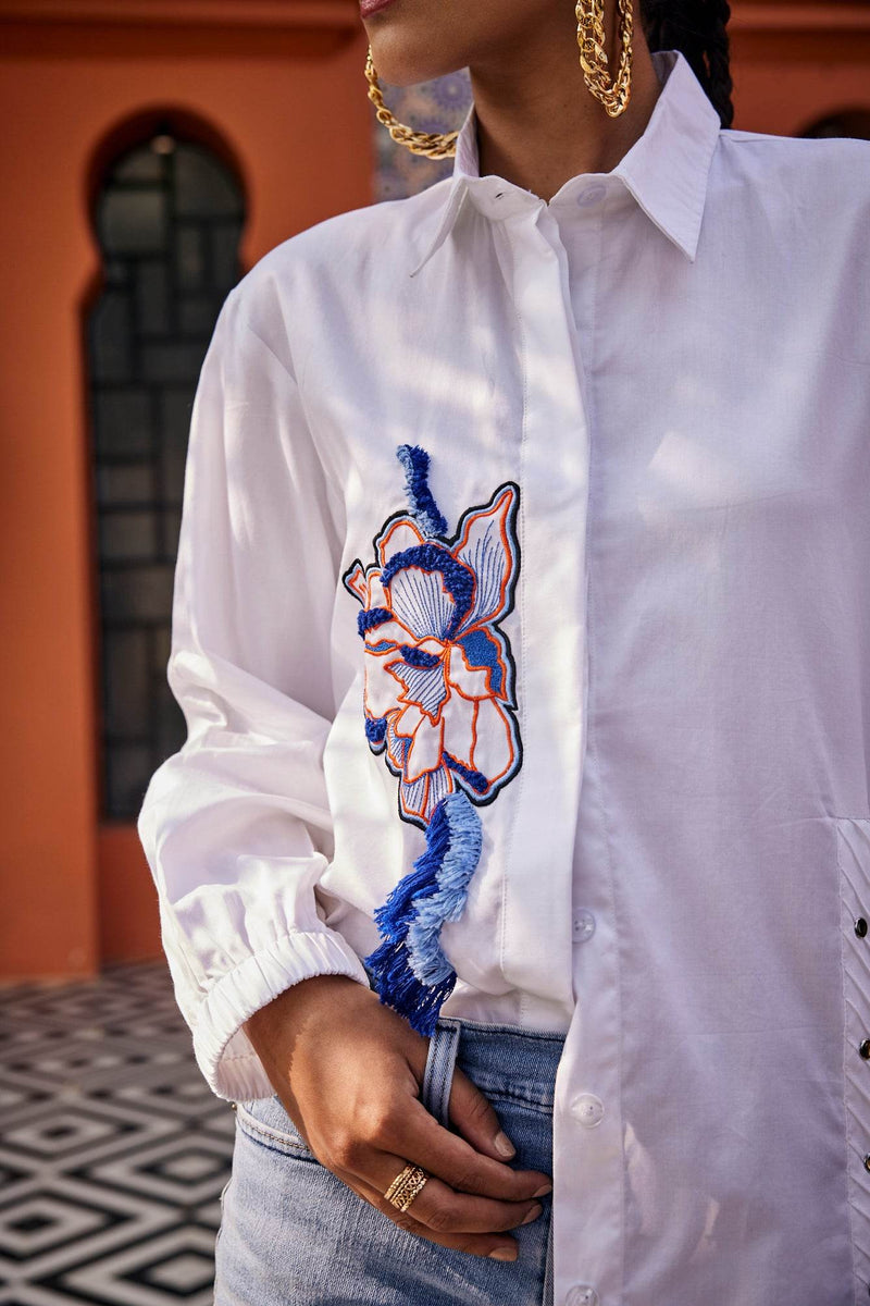 The Blossom Drape White Shirt - Puja Agarwal