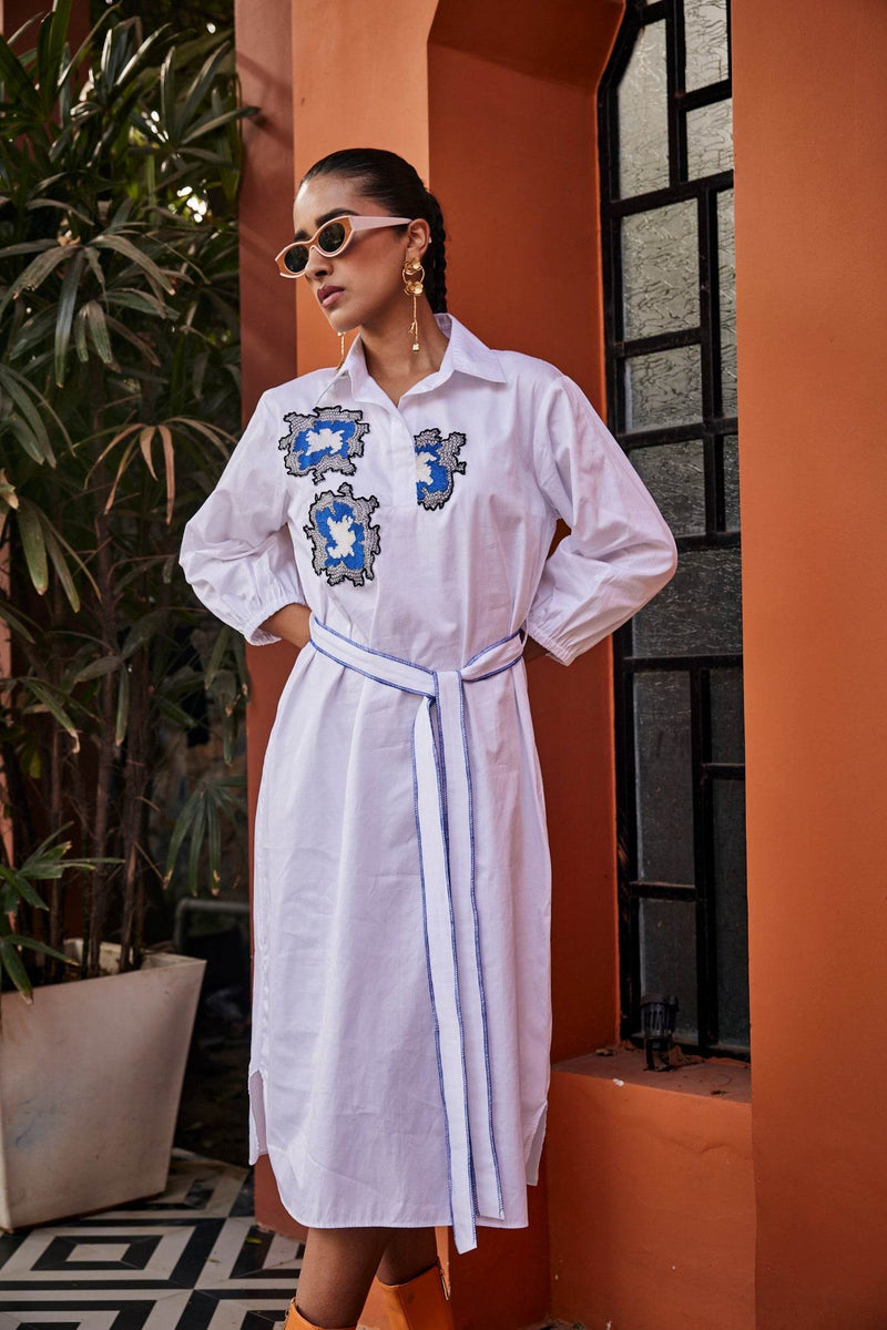 Azure Echo White Embroidered Dress - Puja Agarwal