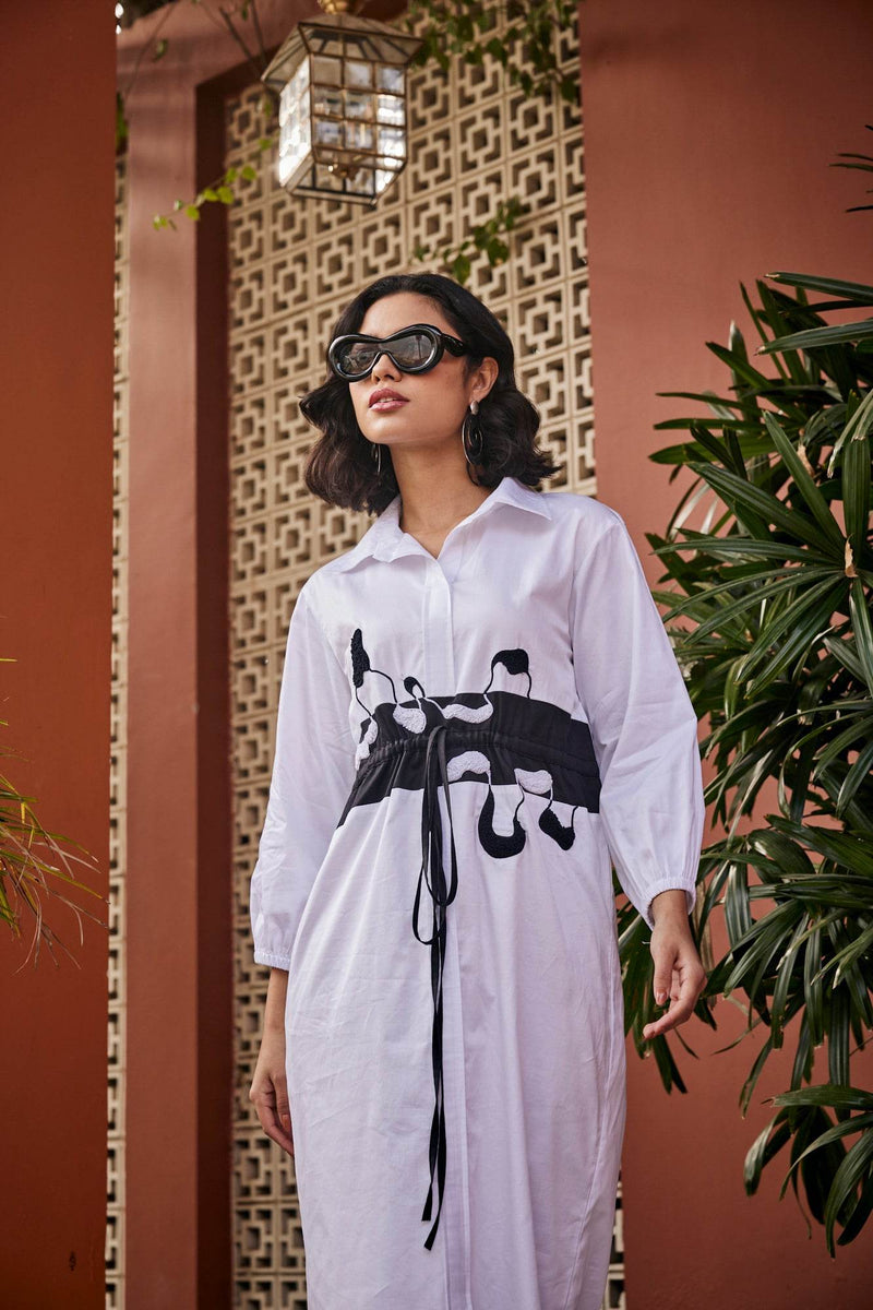 Ink Bloom Sculpted White Tunic Dress - Puja Agarwal