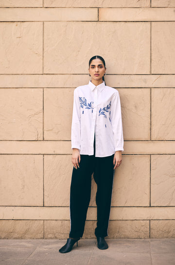 White leaf hue Embroidered shirt/co-ord set