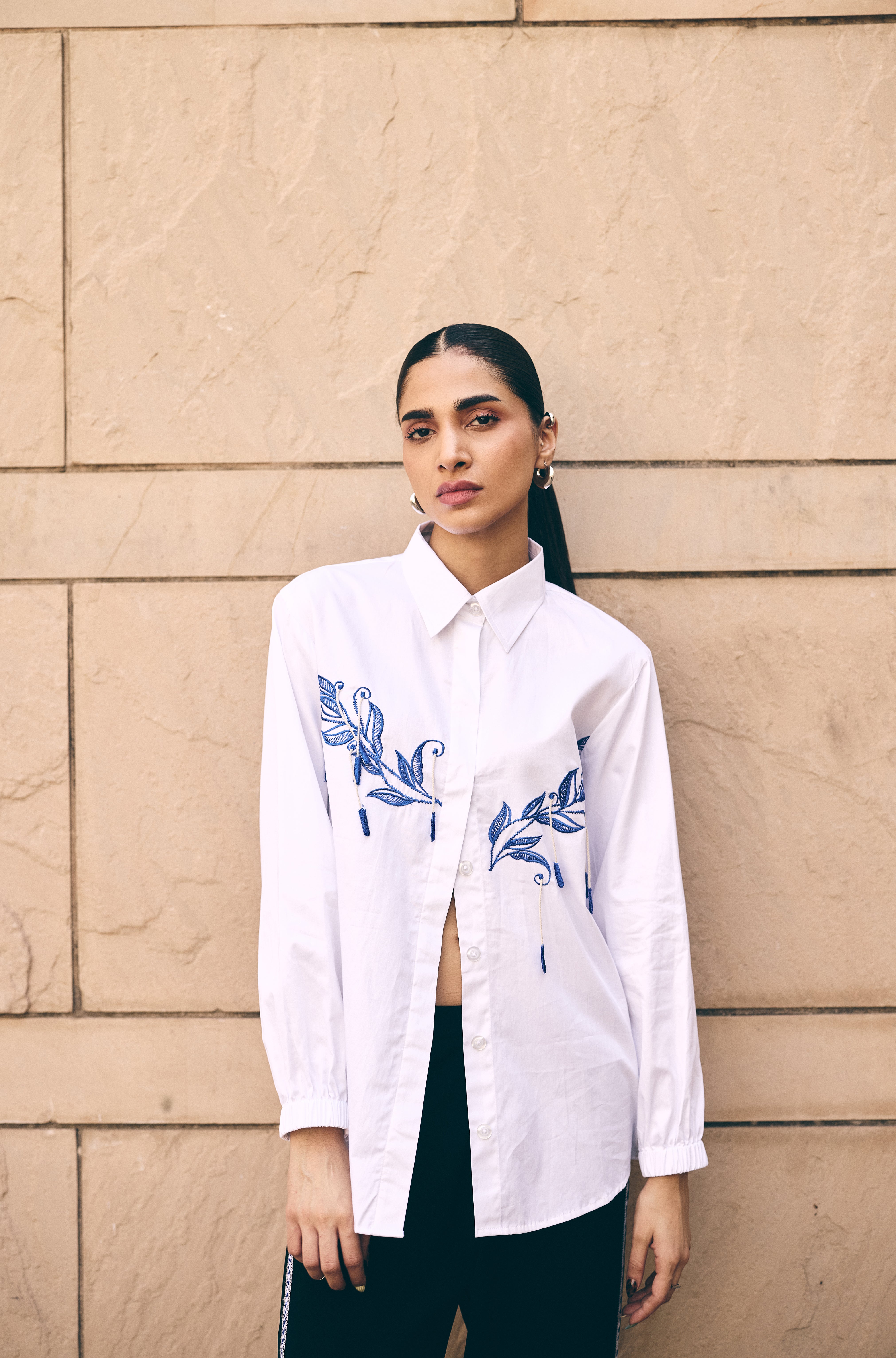 White leaf hue Embroidered shirt/co-ord set