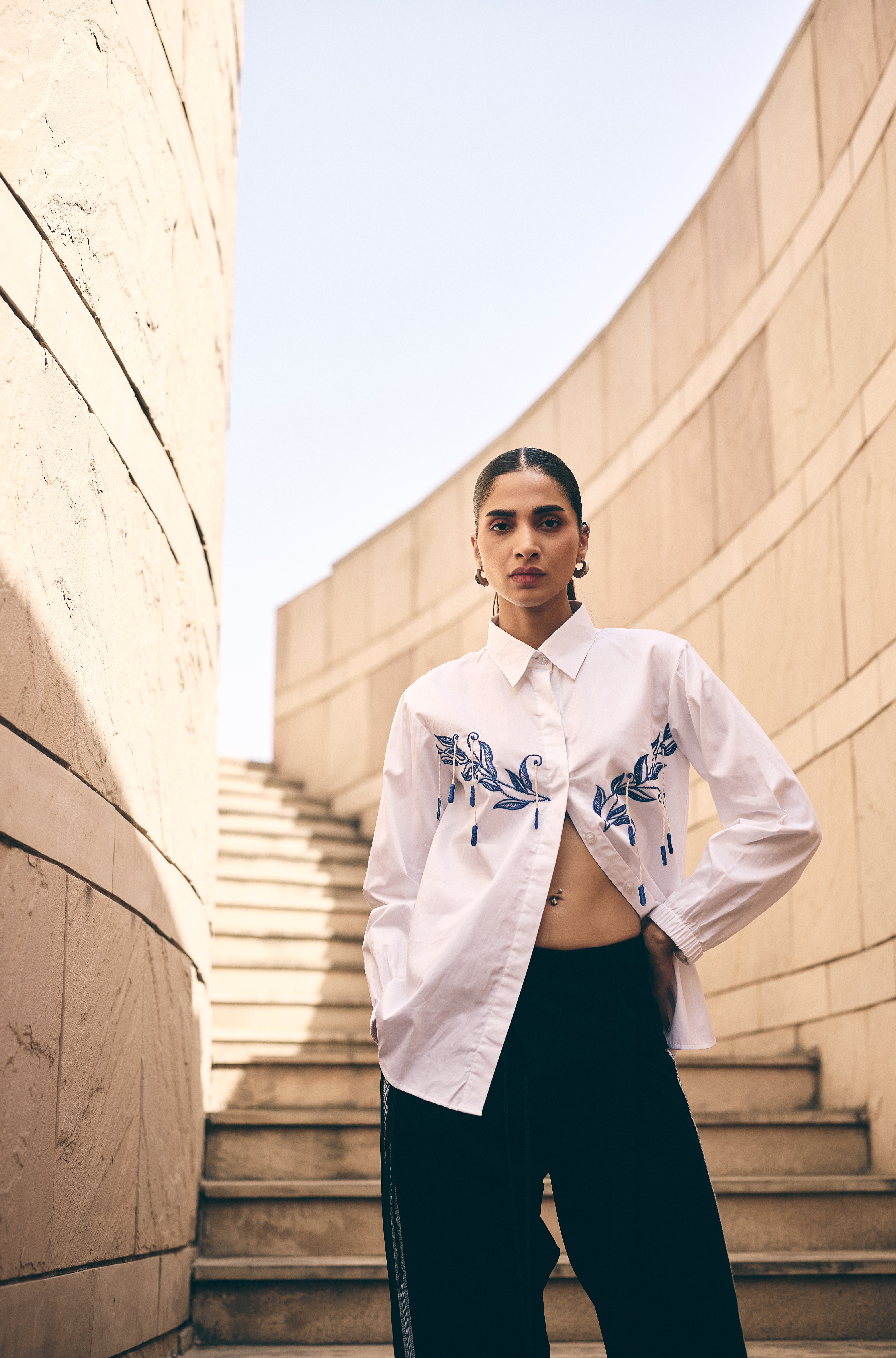 White leaf hue Embroidered shirt/co-ord set