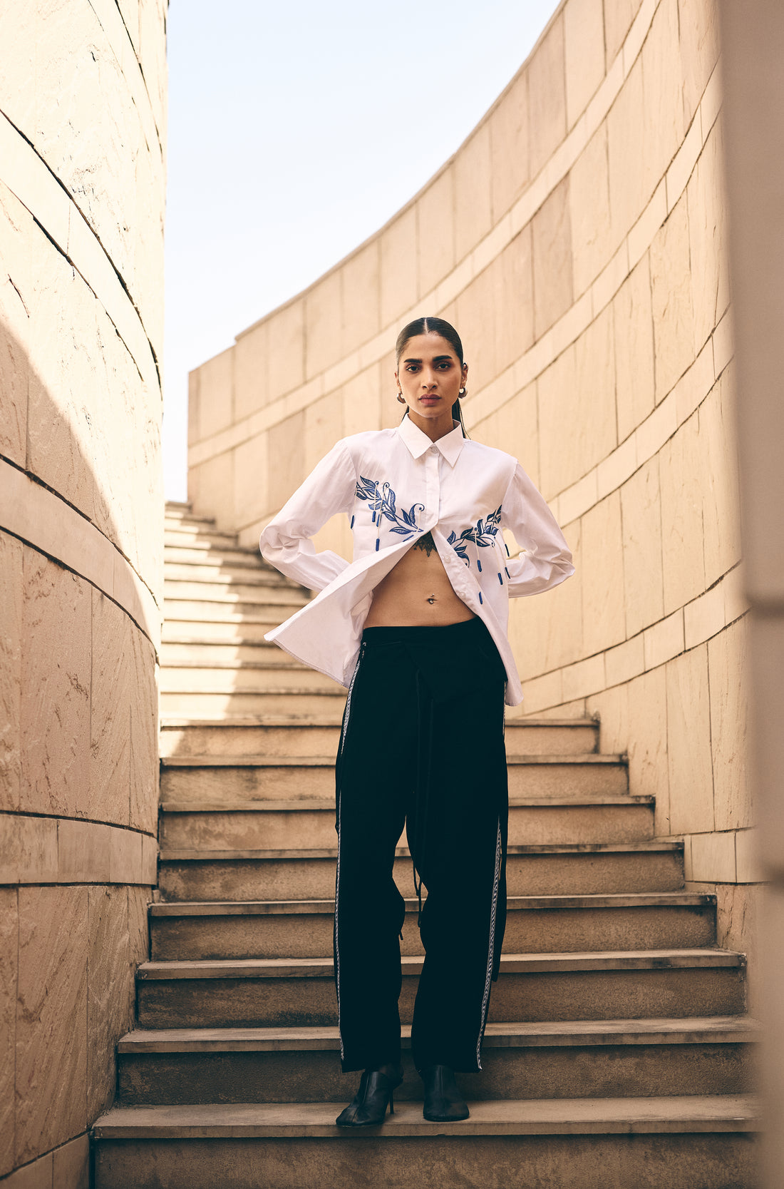 White leaf hue Embroidered shirt/co-ord set