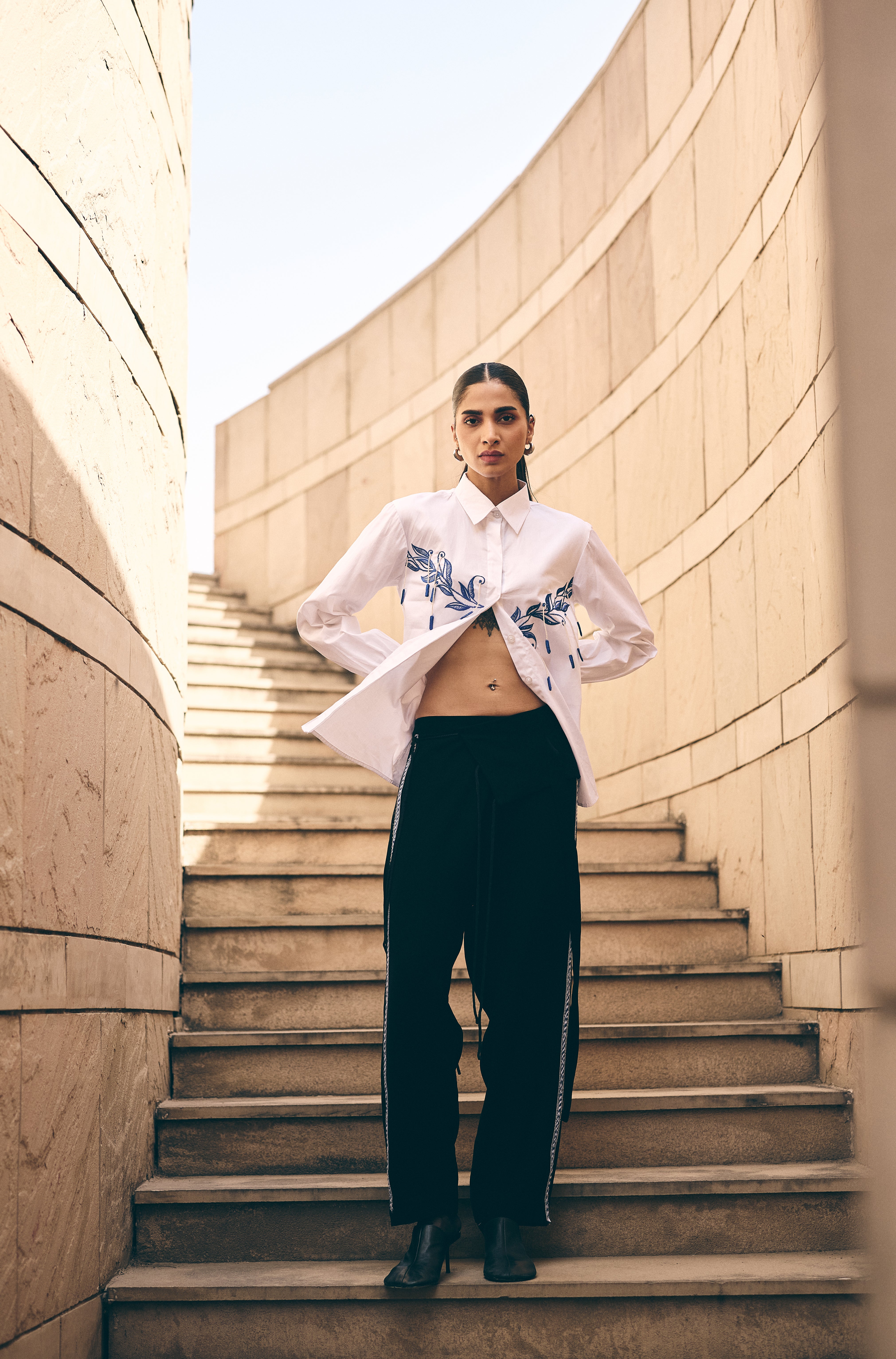 White leaf hue Embroidered shirt/co-ord set