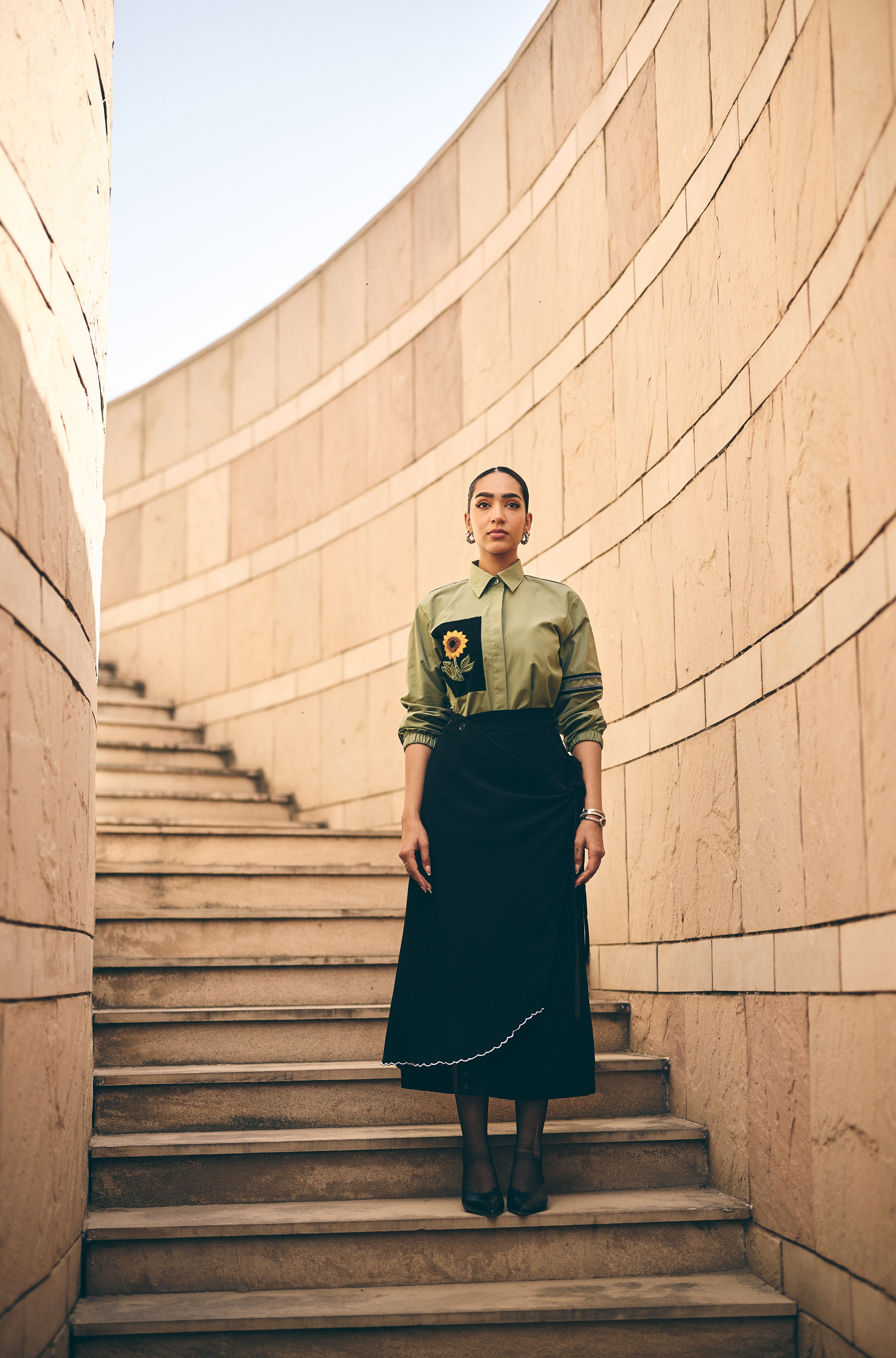 Olive sunflower embroidered shirt/co-ord set