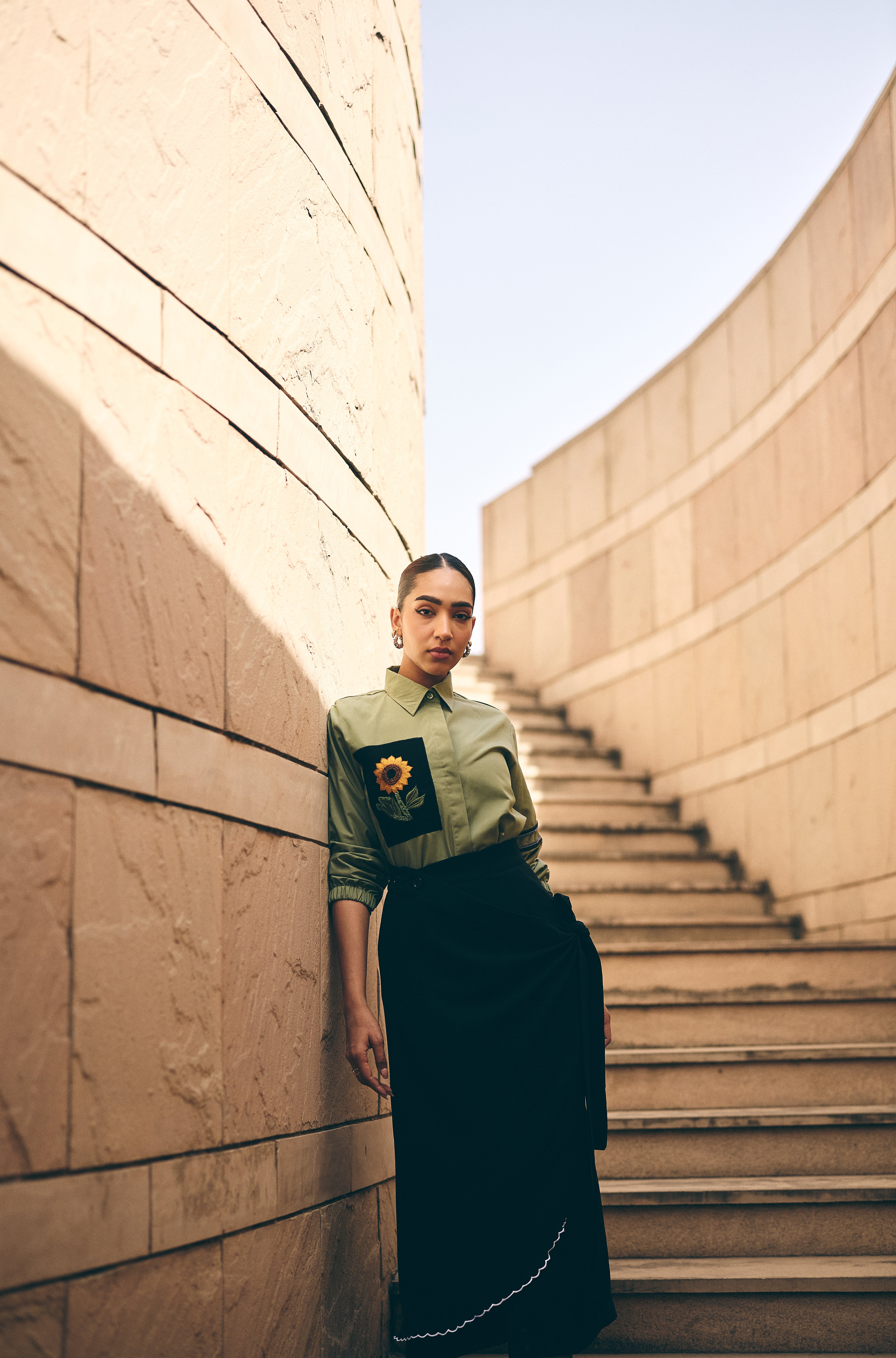 Olive sunflower embroidered shirt/co-ord set
