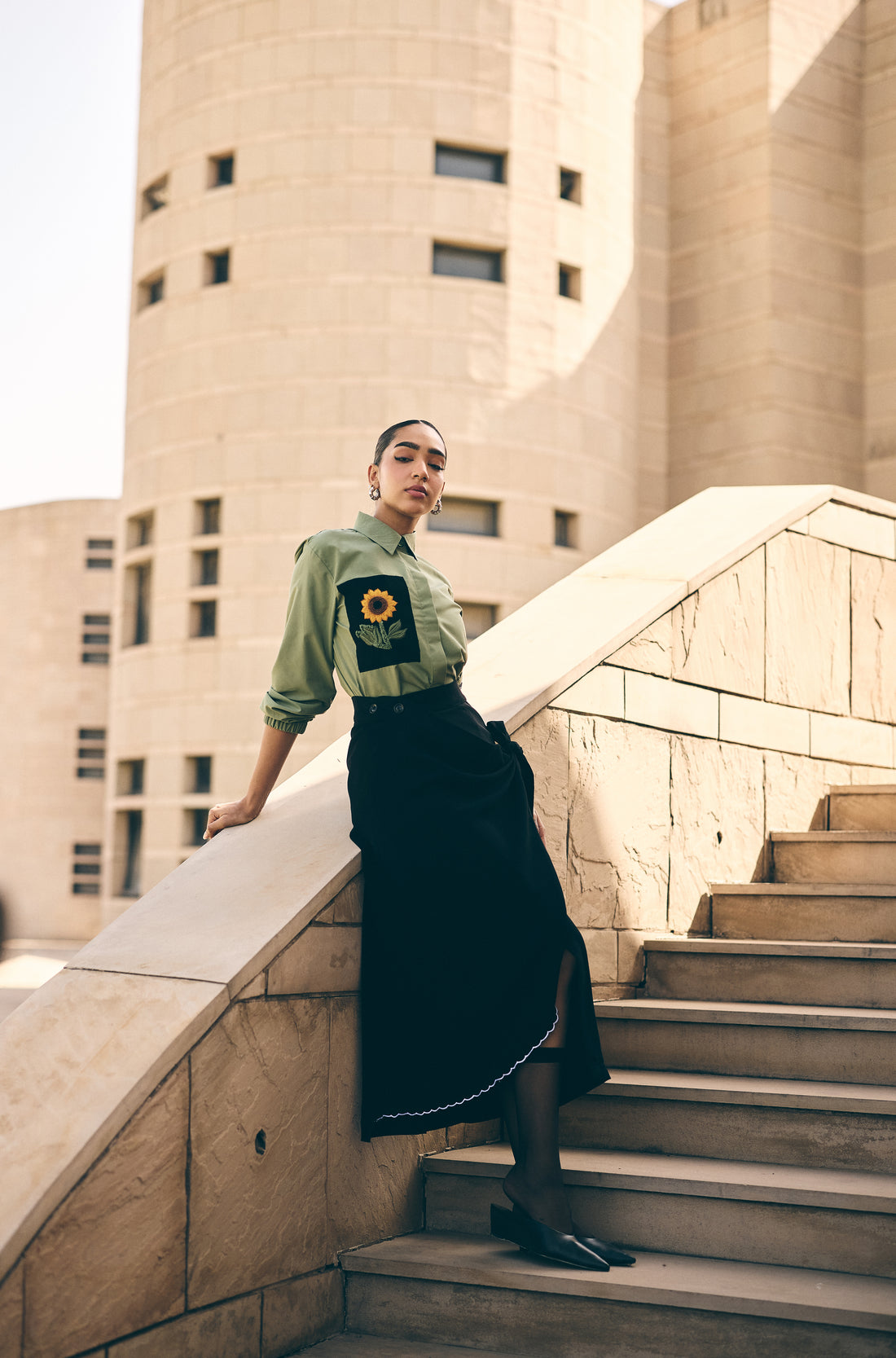 Olive sunflower embroidered shirt/co-ord set
