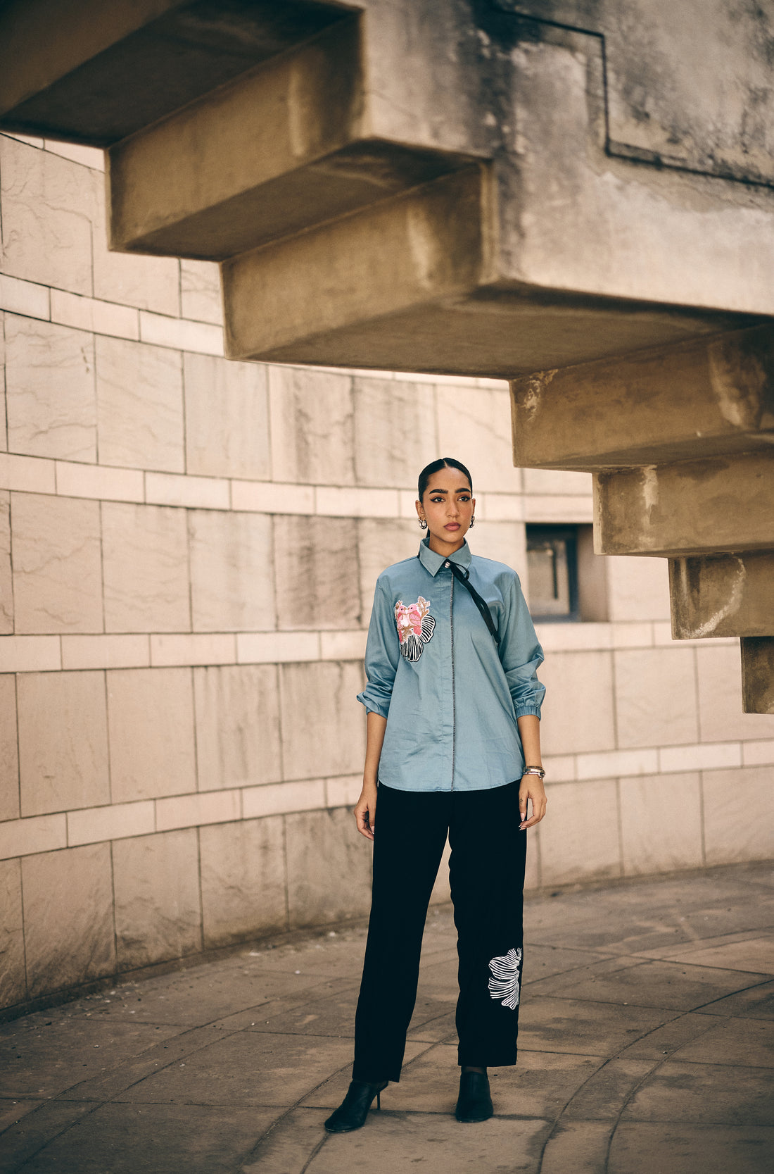 Teal blue bird story Embroidered shirt/Co-Ord set