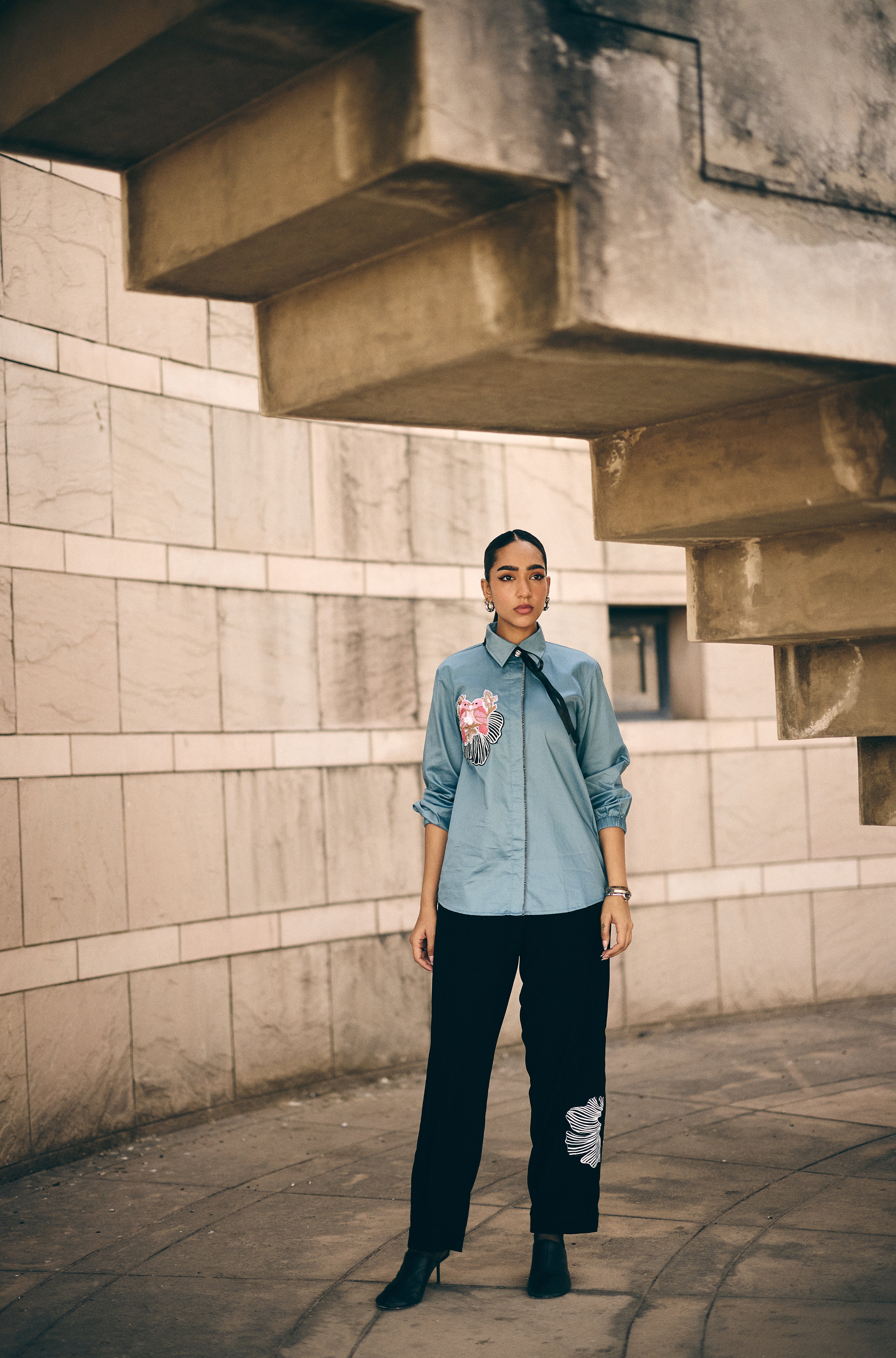 Teal blue bird story Embroidered shirt/Co-Ord set