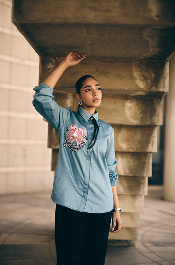 Teal blue bird story Embroidered shirt/Co-Ord set