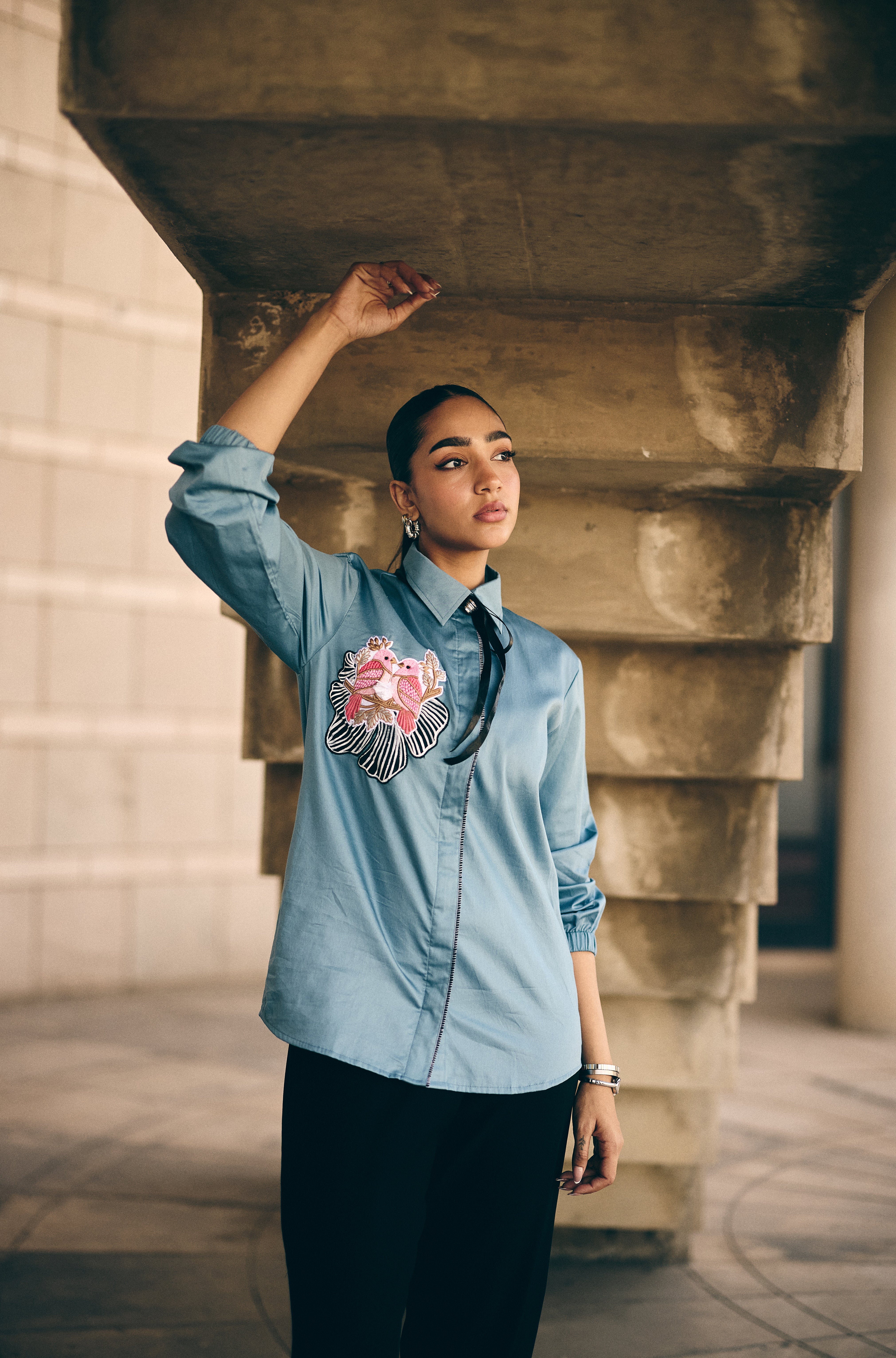 Teal blue bird story Embroidered shirt/Co-Ord set