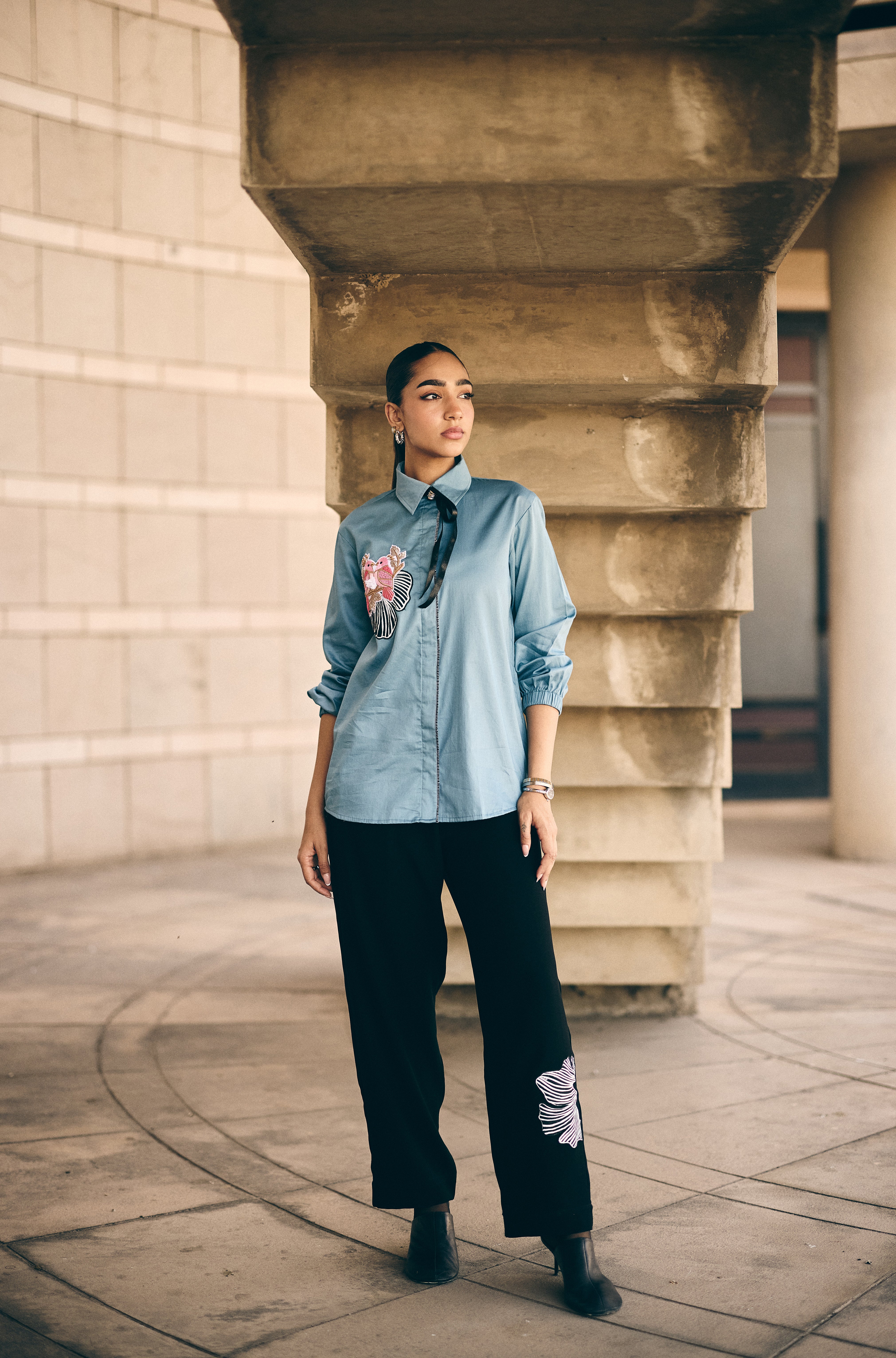 Teal blue bird story Embroidered shirt/Co-Ord set