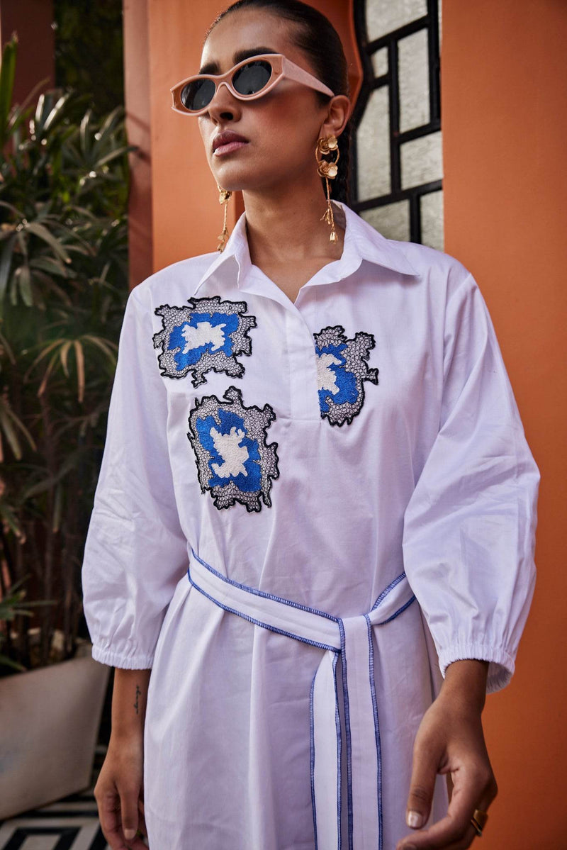 Azure Echo White Embroidered Dress - Puja Agarwal