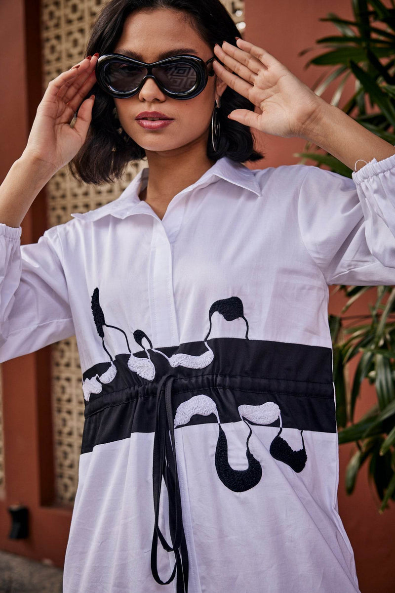 Ink Bloom Sculpted White Tunic Dress - Puja Agarwal