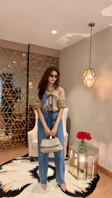 Azure Beige Tie Up Embroidered Shirt