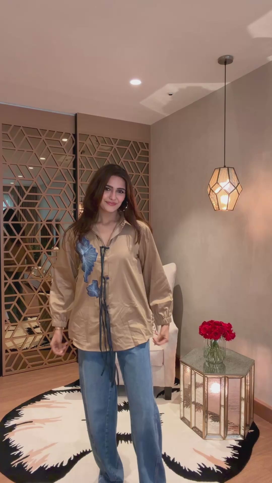 Azure Beige Tie Up Embroidered Shirt