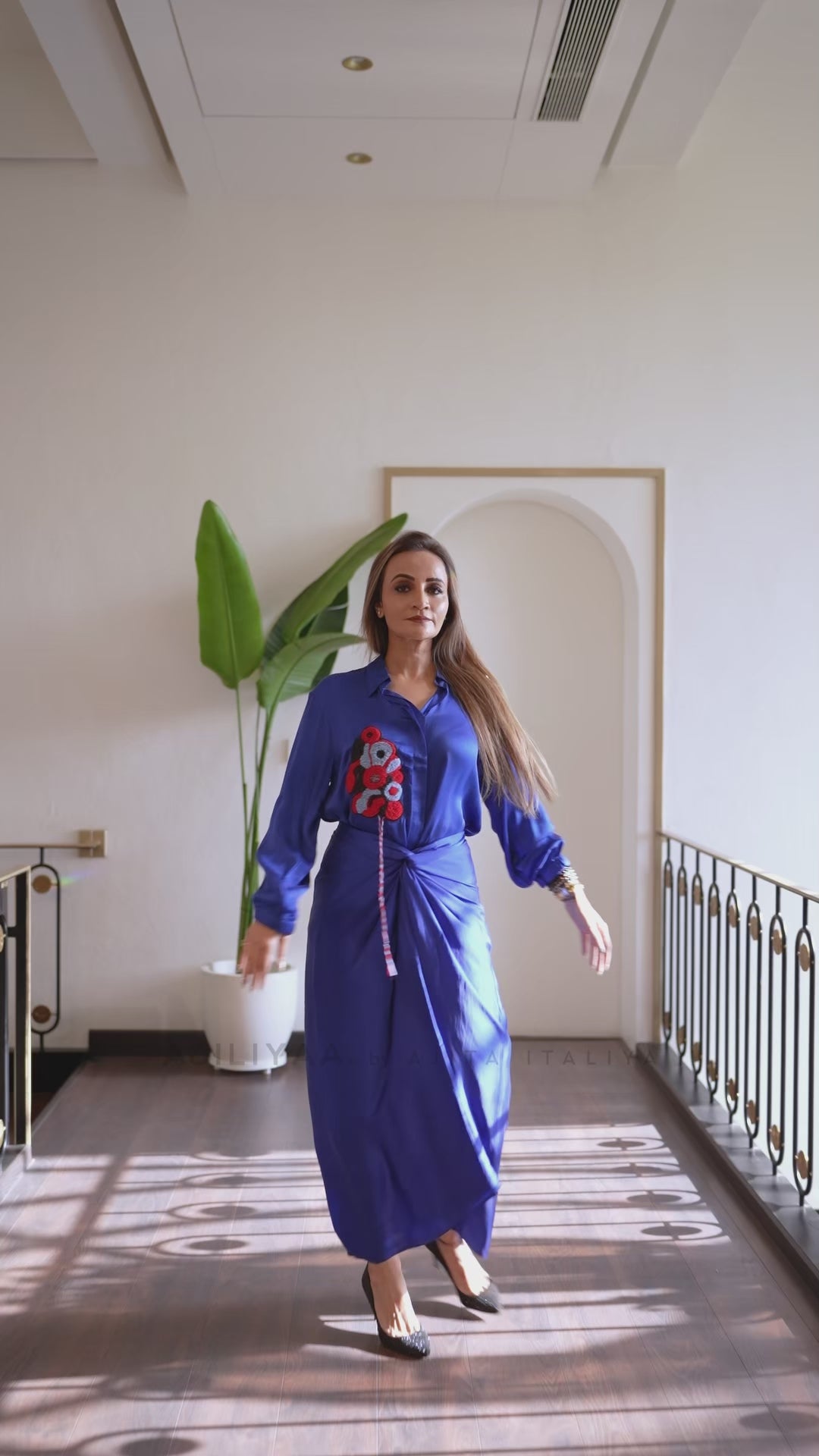 Azure Bloom Draped Blue Shirt Dress Set